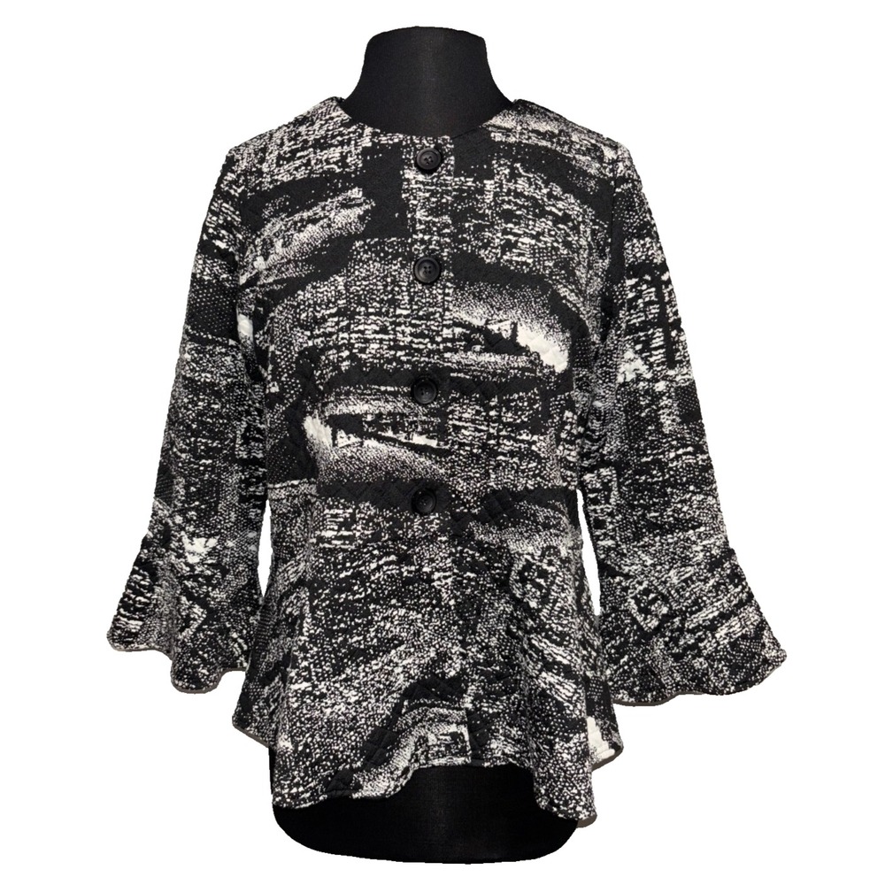COMFY USA Topper Jacket Button Up Architectural‎ City Print Size S Black White